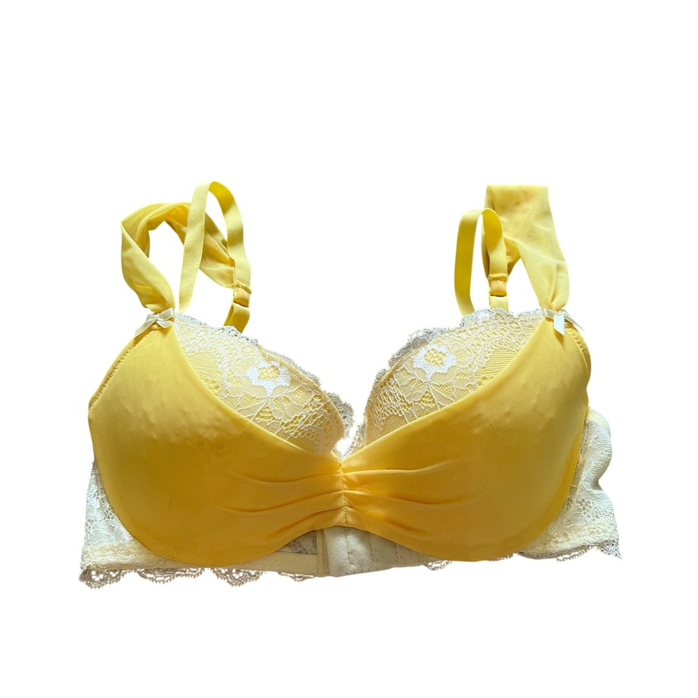 Adore Me Yellow Floral Lace Mesh Push Up‎ Bra 32DD Adjustable Straps Bow Accent